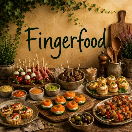 Verschillende soorten fingerfood zoals spiesjes, gehaktballetjes, bladerdeeghapjes, zalmhapjes en kleine groentehapjes met dips op een rustieke houten tafel