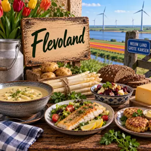Flevolandse recepten met vis, aardappelen, asperges, verse groenten, brood en streekproducten op een rustieke houten tafel