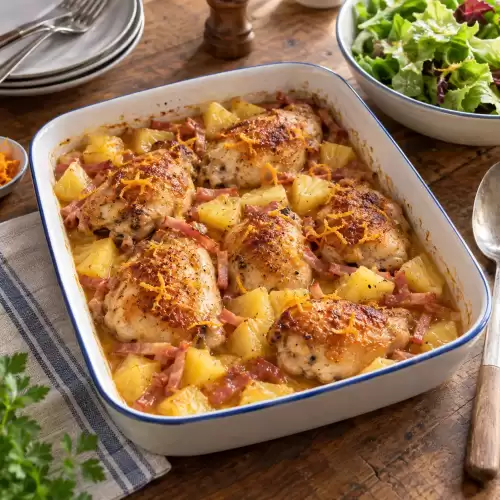 Amerikaanse Florida kip uit de oven met ananas, sinaasappel en een fruitige saus