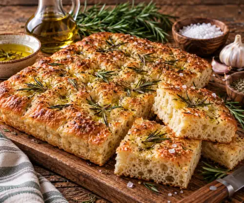 Focaccia met rozemarijn, knoflook en groene olijven bereid met deeg uit de broodbakmachine