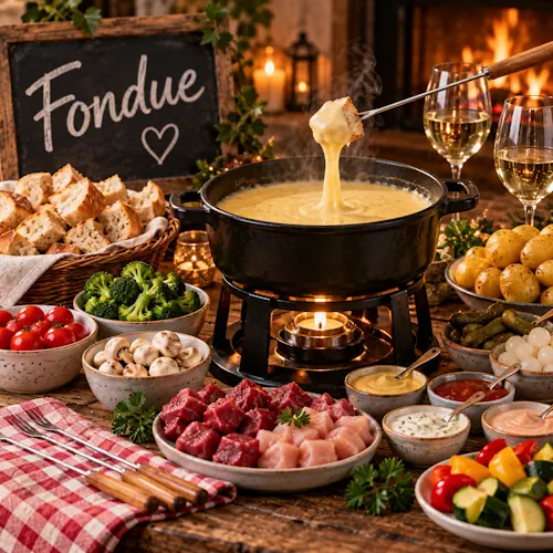 Gezellige fondue met gesmolten kaas, brood, aardappelen, groenten, vlees, kip, augurken en verschillende sauzen op een rustieke houten tafel
