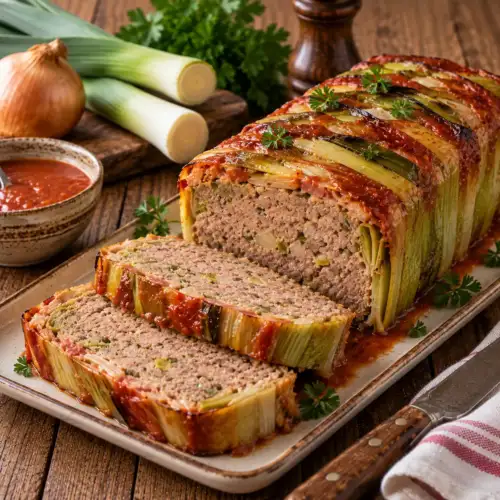 Frans gehaktbrood met zachte prei, ui en tomaat uit de oven