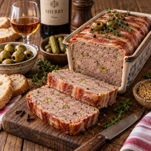 Franse paté met kalfsvlees, varkensgehakt, lever, ossetong, groene olijven en sherry