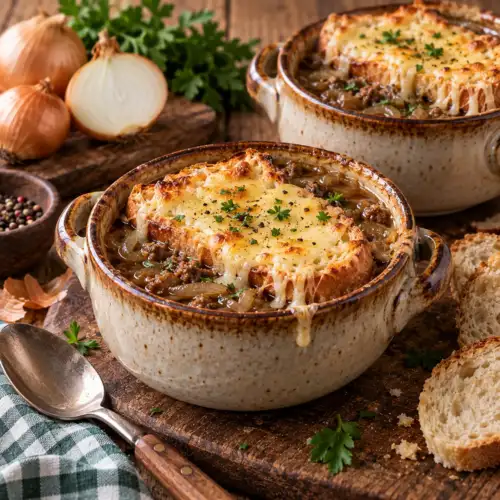 Franse uiensoep met rundergehakt, zachte uien, geroosterd brood en gesmolten kaas