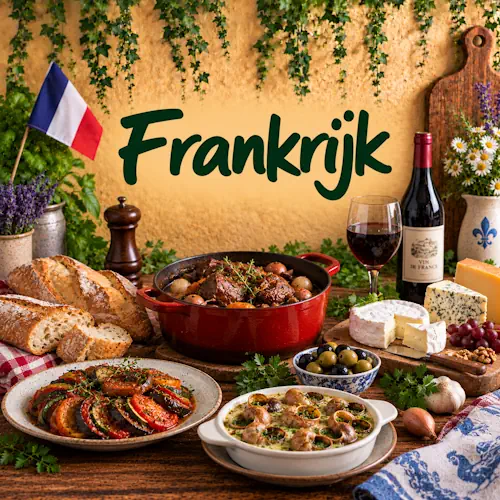 Franse gerechten met stoofvlees, ratatouille, slakken, stokbrood, verschillende Franse kazen, druiven en verse kruiden op een rustieke houten tafel