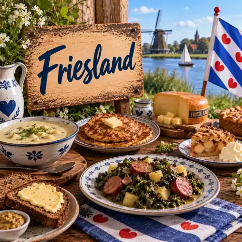 Friese recepten met stamppot, Friese kaas, roggebrood, aardappelgerechten en traditioneel Fries gebak op een rustieke houten tafel