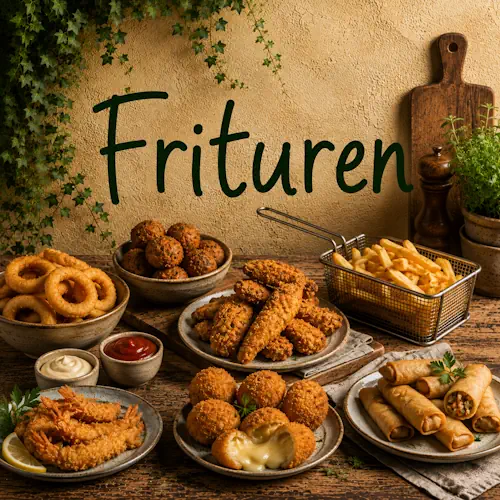 Verschillende gefrituurde gerechten zoals friet, krokante kip, uienringen, garnalen, loempia's en snacks met dips op een rustieke houten tafel