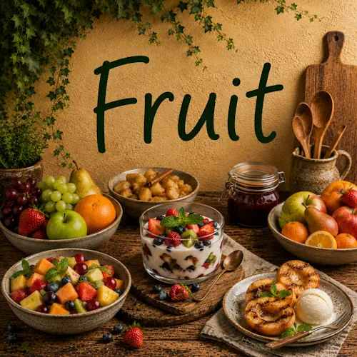 Verschillende fruitgerechten met vers fruit, fruitsalade, yoghurt met bessen, gebakken fruit en zelfgemaakte jam op een rustieke houten tafel