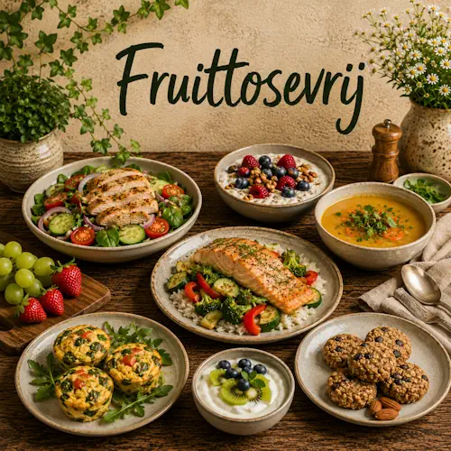 Fructosevrije recepten met hartige gerechten, vlees, vis, eieren, rijst en groenten op een rustieke houten tafel
