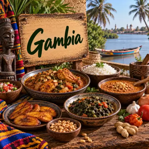 Gambiaanse recepten met kip, rijst, pindasaus, bladgroenten, bakbananen, pinda's en verse groenten op een rustieke houten tafel