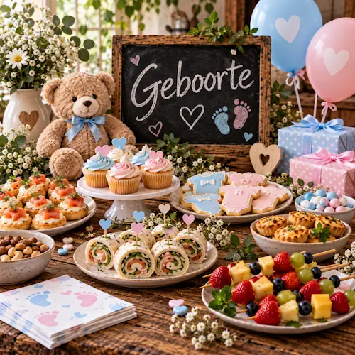 Feestelijke tafel voor een geboorte met roze en blauwe cupcakes, koekjes, kleine hapjes, wraps, fruit, snoep, cadeautjes en babydecoraties op een rustieke houten tafel