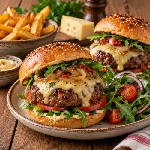Pittige rundergehaktburgers gevuld met gesmolten Gruyère en gekruid met mosterd en paprikapoeder