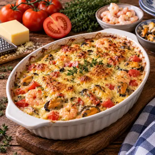 Gegratineerde mosselen en garnalen met tomaat, ei en goudbruin gebakken kaas