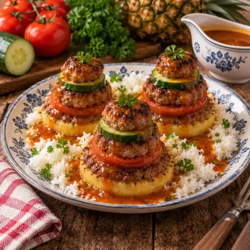 Gehaktpagode met laagjes gekruid gehakt, ananas, tomaat en komkommer geserveerd met rijst en paprikasaus