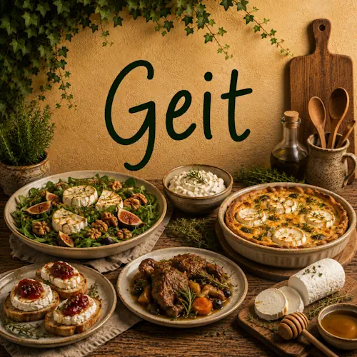 Gerechten met geitenvlees en geitenkaas zoals stoofvlees, salade, hartige taart en brood met geitenkaas op een rustieke houten tafel