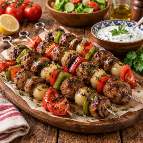 Gemarineerde gehaktkebabs met rundergehakt, paprika, champignons, ui en tomaat van de barbecue