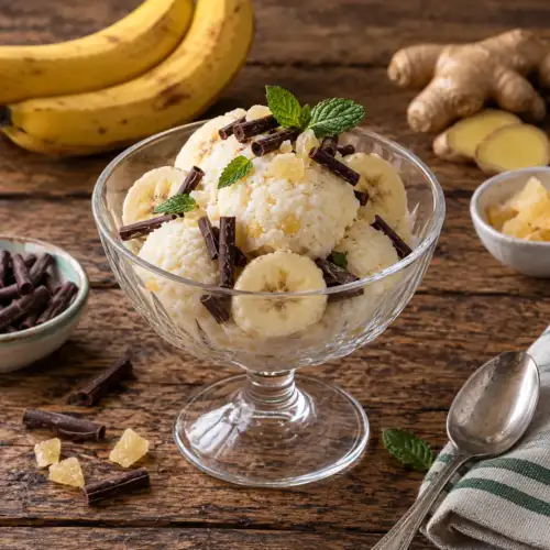 Gember-banaandessert met yoghurt, stemgember, chocoladesticks en verse munt