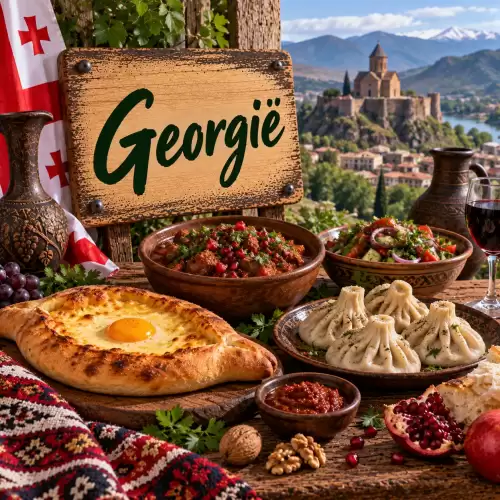 Georgische recepten met chatsjapoeri, chinkali, kruidige stoofgerechten, groenten, walnoten, granaatappel en verse kruiden op een rustieke houten tafel
