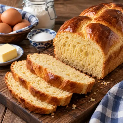 Gevlochten eierbrood uit de broodbakmachine met een goudbruine korst