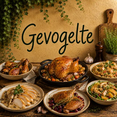 Verschillende gerechten met gevogelte zoals gebraden kip, eend, kipfilet, kippenpoten en gevogeltesalade op een rustieke houten tafel