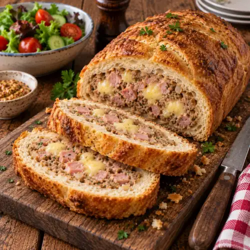 Gevuld gehaktbrood met kalfsgehakt, gekookte ham en gesmolten Gruyère