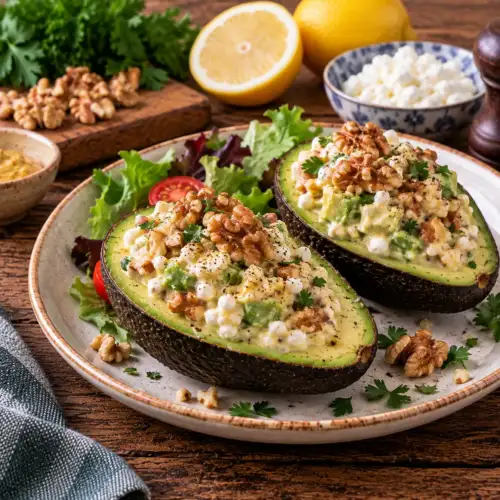 Gevulde avocado met cottage cheese, gehakte walnoten, mosterd en citroensap