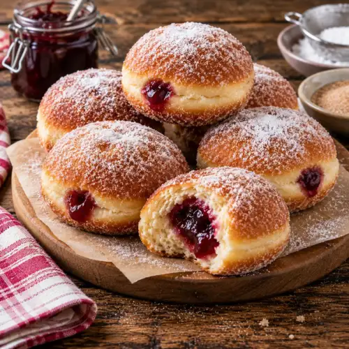 Gevulde Berliner bollen van luchtig gistdeeg met jam en een laagje poedersuiker