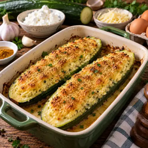 Gevulde komkommer uit de oven met kwark, kaas en een krokant laagje paneermeel