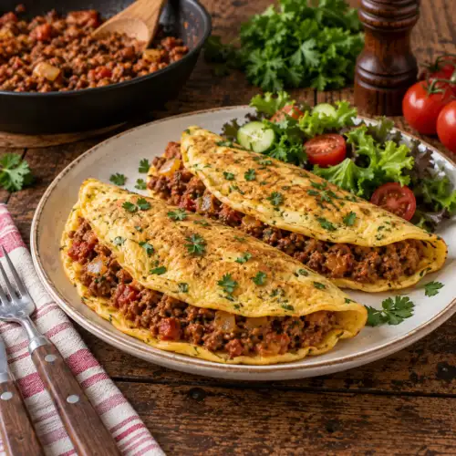 Gevulde omelettortilla's met gekruid gehakt, ui, tomatenpuree en peterselie