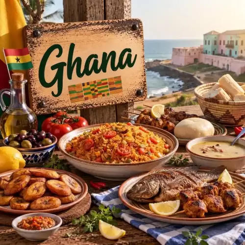 Ghanese recepten met jollof rice, kip, pindastoofpot, bakbananen, bonen, groenten en traditionele West-Afrikaanse ingrediënten op een rustieke houten tafel