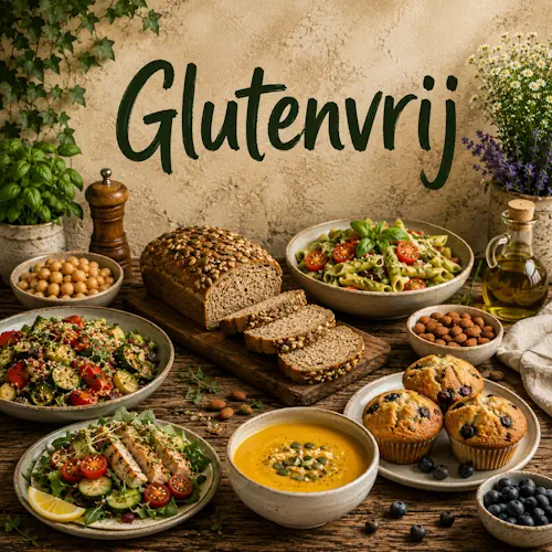 Glutenvrije gerechten met brood, pasta, salade, soep en muffins op een rustieke houten tafel