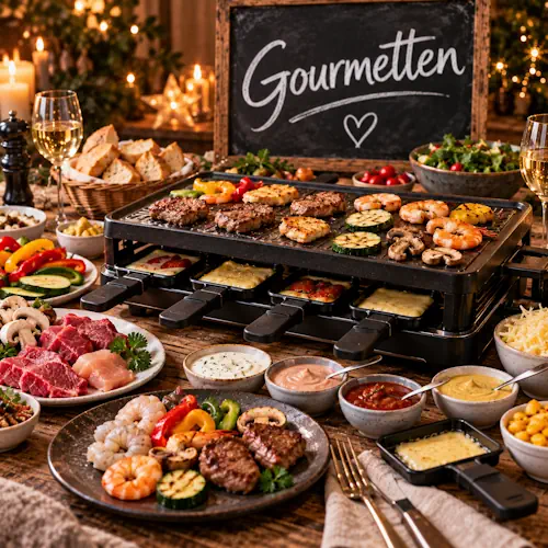 Gezellige gourmettafel met rundvlees, kip, garnalen, groenten, champignons, kaas, brood, salade en verschillende sauzen rond een gourmetstel