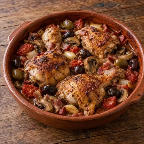 Griekse kip uit de oven met tomaat, groene olijven, champignons en gerookt spek