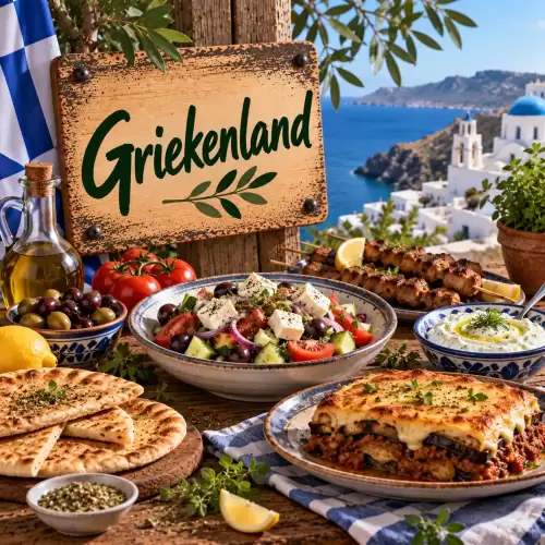Griekse recepten met moussaka, Griekse salade, souvlaki, tzatziki, pitabrood, feta, olijven en verse mediterrane ingrediënten op een rustieke houten tafel
