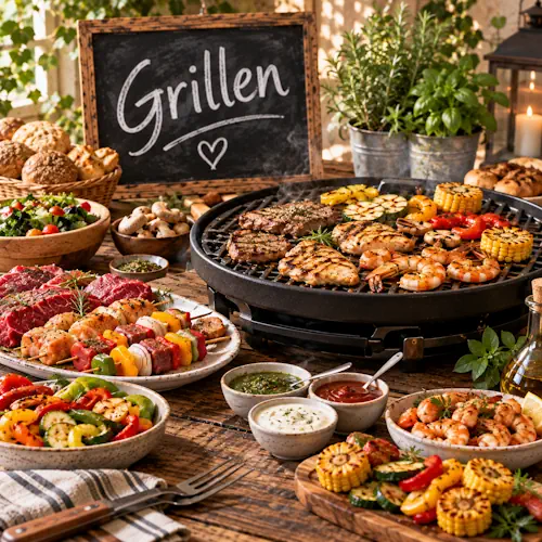 Gegrild vlees, kip, groentespiesen, maïs, paprika, courgette en andere grillgerechten met salades, brood en sauzen op een rustieke houten tafel