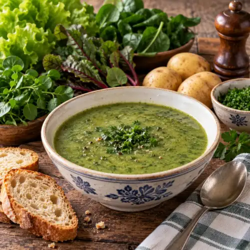 Groene tuinsoep met spinazie, sla, waterkers, zuring, postelein en aardappel