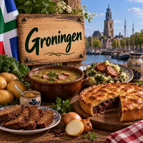 Groningse recepten met stamppot, Groninger worst, mosterd, aardappelen, kruidkoek en traditionele streekgerechten op een rustieke houten tafel