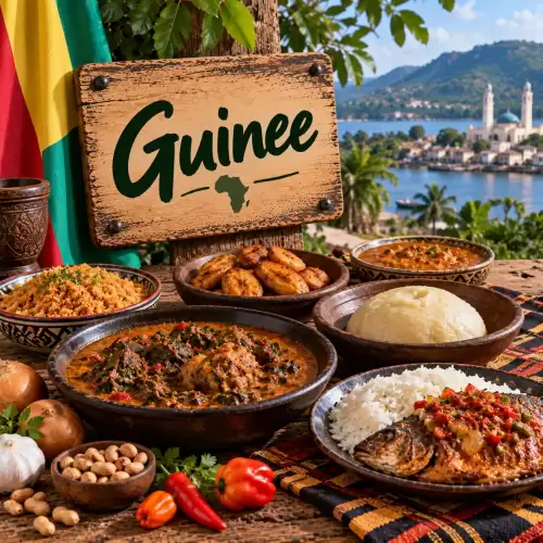 Guinese recepten met rijst, gegrilde vis, pindasaus, bakbananen, bladgroenten, pepers en traditionele West-Afrikaanse gerechten op een rustieke houten tafel