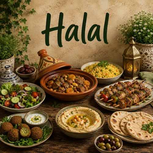 Halal gerechten met tajine, gegrilde vleesspiesjes, falafel, hummus, rijst en salade op een rustieke houten tafel
