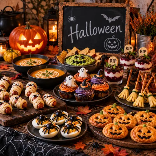 Halloween tafel met pompoensoep, mummieworstjes, spinnen-eieren, monsterdip, pompoenhapjes, griezelige cupcakes en desserts op een rustieke houten tafel
