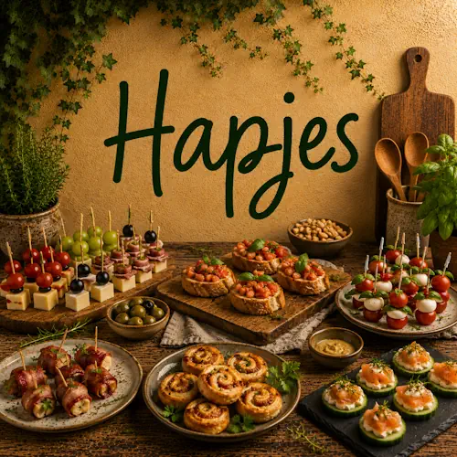 Verschillende hapjes zoals spiesjes, bruschetta, bladerdeeghapjes, zalmhapjes en kleine hapjes met kaas, groenten en vlees op een rustieke houten tafel