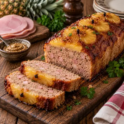 Hartig gehaktbrood van kalfs- en rundergehakt met gekookte ham, mosterd en ananas