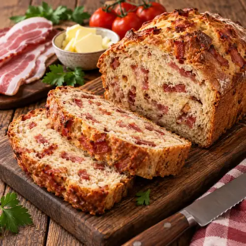 Hartig spekbrood uit de broodbakmachine met krokant spek, volkorenmeel, rozemarijn en geroosterde pijnboompitten