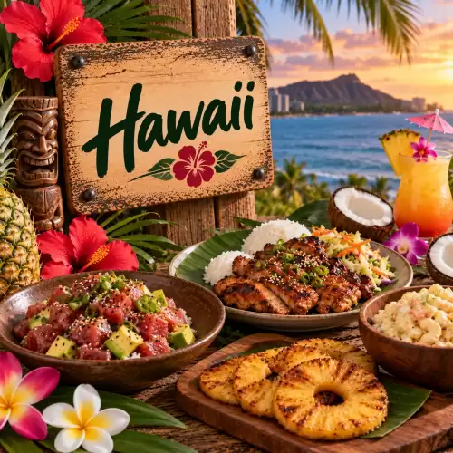 Hawaïaanse recepten met poke, gegrilde kip, rijst, macaroni salade, ananas, kokos en tropische ingrediënten op een rustieke houten tafel