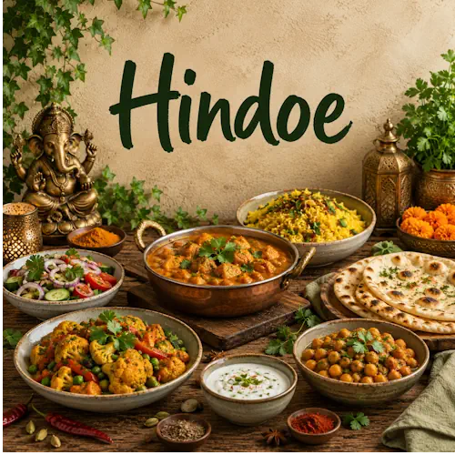 Hindoe gerechten met curry, rijst, dal, kikkererwten, samosa's en naan op een rustieke houten tafel