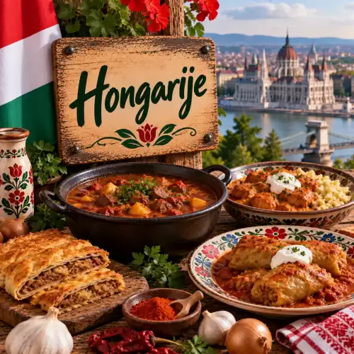 Hongaarse recepten met goulash, paprikakip, gevulde kool, noedels, paprika en traditionele gerechten op een rustieke houten tafel