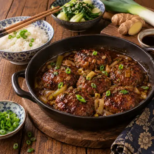 Hongkongse rundergehaktkoekjes met gember, knoflook, prei en een zoet-hartige sojasaus