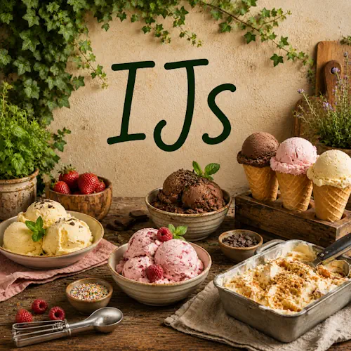 Verschillende soorten ijs zoals vanille-ijs, chocolade-ijs en fruitijs met aardbeien, frambozen, chocolade en andere toppings op een rustieke houten tafel