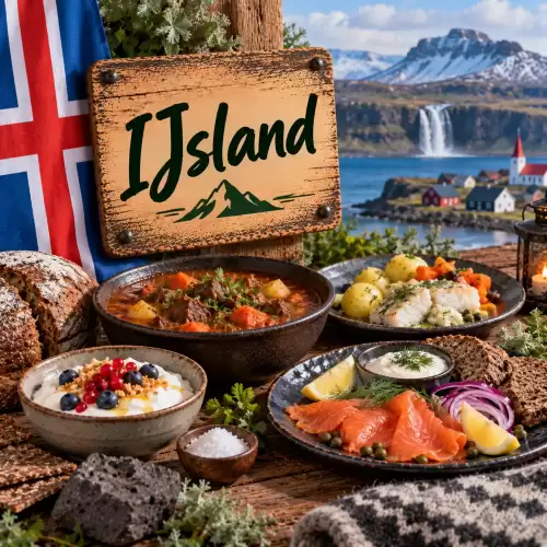 IJslandse recepten met vis, gerookte zalm, aardappelen, stoofgerecht, roggebrood, skyr en traditionele IJslandse gerechten op een rustieke houten tafel