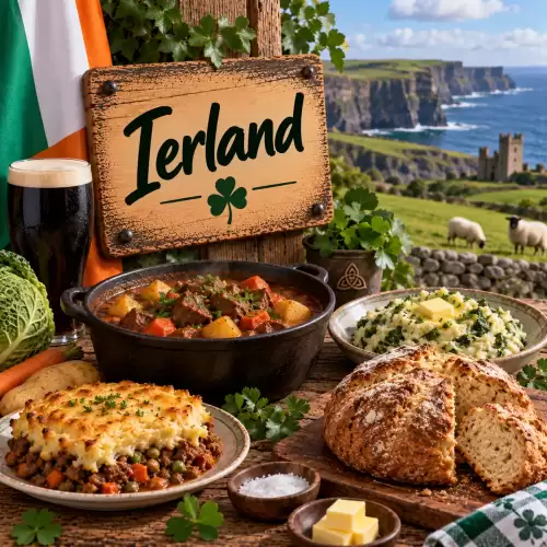 Ierse recepten met Irish stew, shepherd's pie, colcannon, sodabrood, aardappelen en traditionele Ierse streekgerechten op een rustieke houten tafel